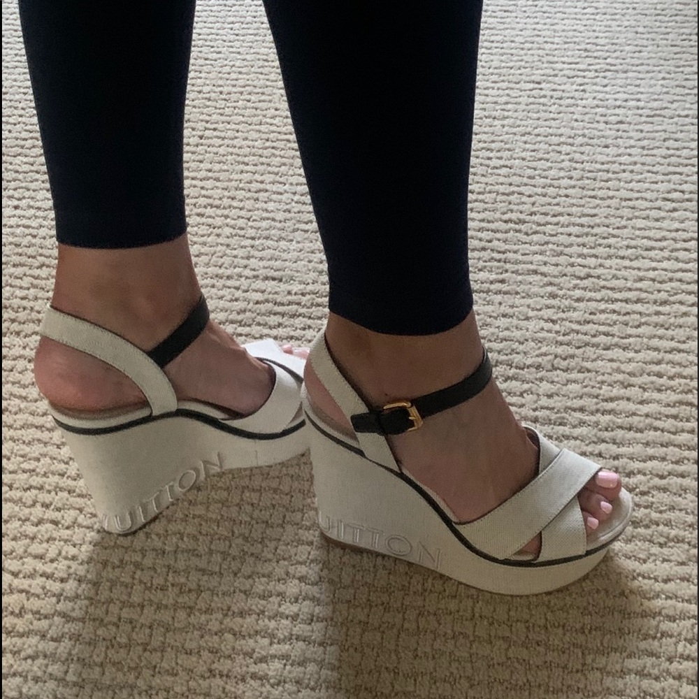 Louis Vuitton Wedge Sandal in nude denim size 40